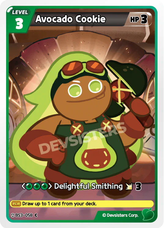 Avocado Cookie BS3-058 C | Common Card featuring a playful character and game details.