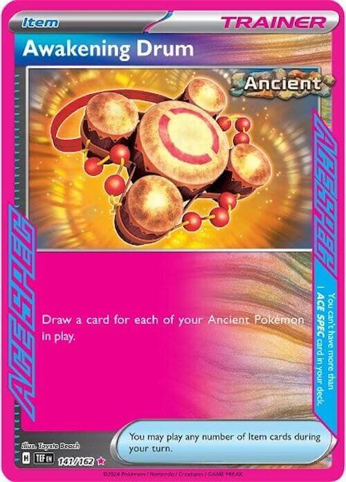 Awakening Drum (141/162) [Scarlet & Violet: Temporal Forces] card depicting an Ancient item.