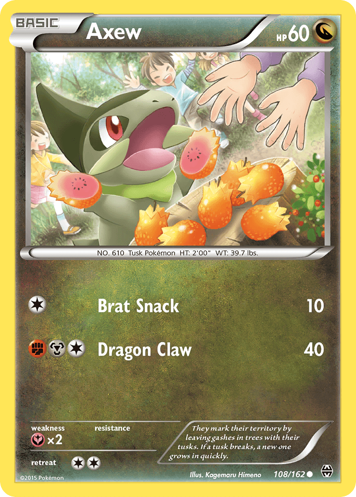 Axew (108/162) [XY: BREAKthrough] card featuring Brat Snack attack and Dragon Claw. Common Dragon type Pokémon.
