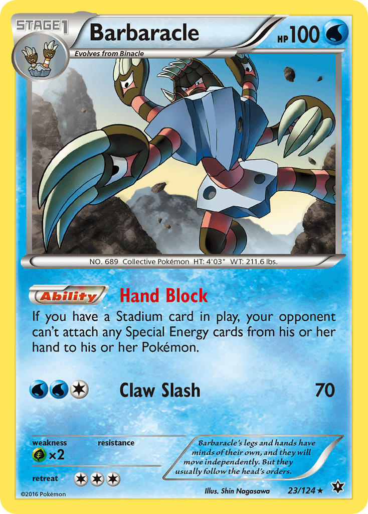 Image of Barbaracle (23/124) [XY: Fates Collide] Pokémon card showcasing the Water-type ability and rarity.