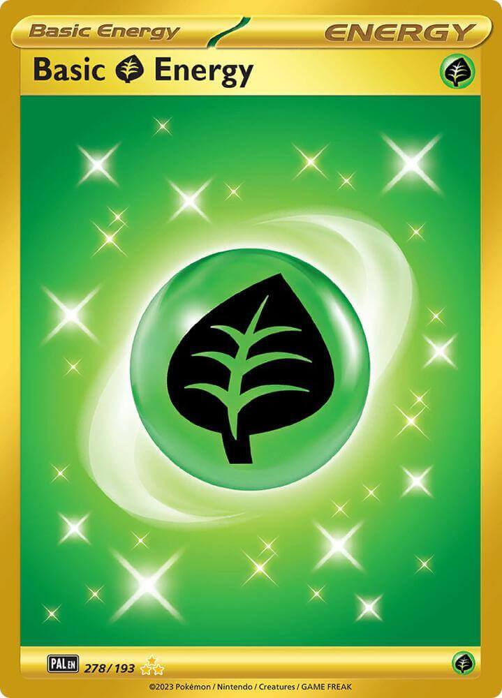 Basic Grass Energy (278/193) [Scarlet & Violet: Paldea Evolved] card featuring a vibrant green leaf design.