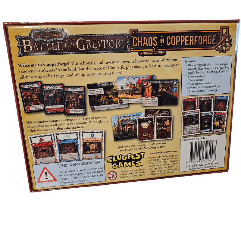 The Red Dragon Inn: Battle For Greyport - Chaos in Copperforge Expansion game back cover highlighting game features and components.