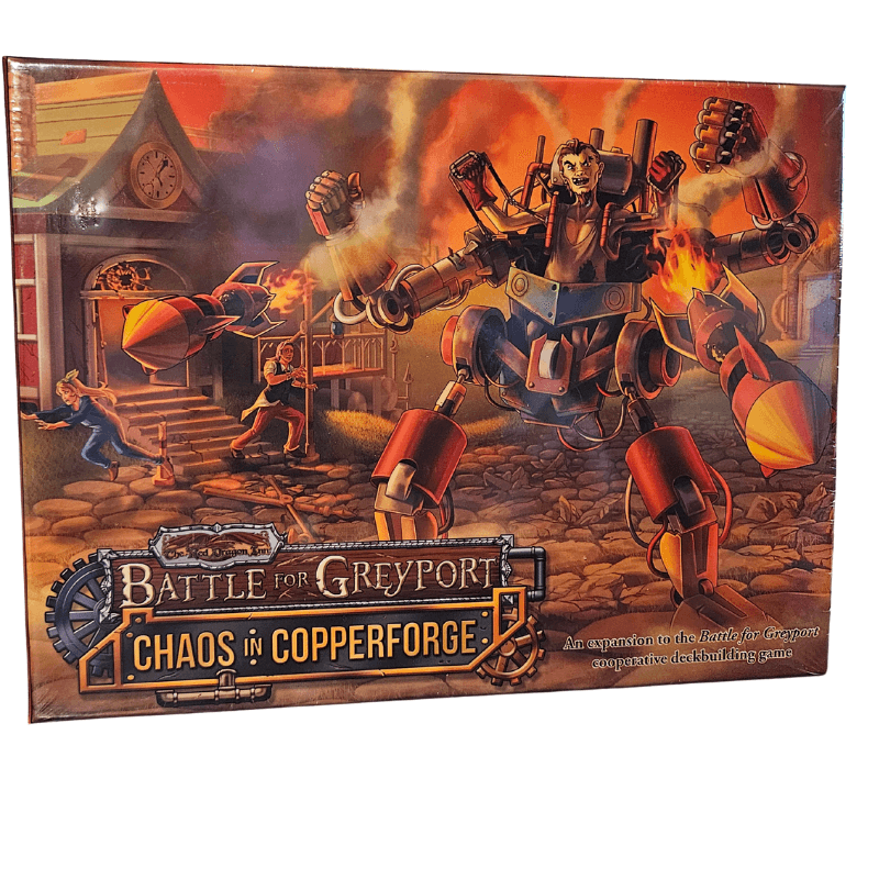 The Red Dragon Inn: Battle For Greyport - Chaos in Copperforge Expansion game box featuring a mechanical character in a gnomish city.
