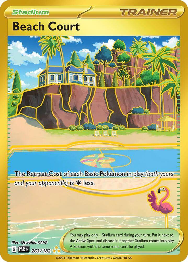 Beach Court (263/182) [Scarlet & Violet: Paradox Rift] Stadium card featuring a vibrant beach setting.