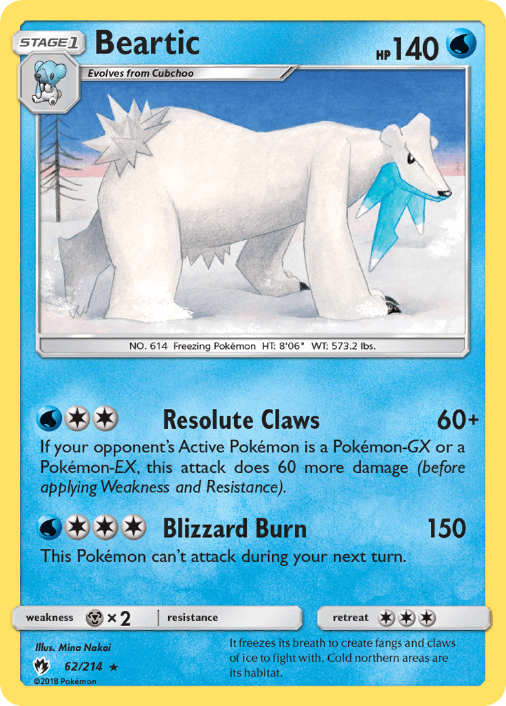 Beartic (62/214) [Sun & Moon: Lost Thunder] water-type rare Pokémon card with Resolute Claws and Blizzard Burn.