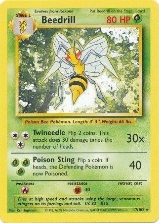 Beedrill (17/102) [Base Set Unlimited] card featuring its HP and attack details, showcasing its Grass-type and rare status.