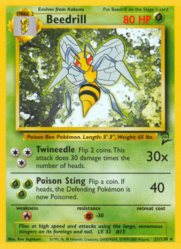 Beedrill (21/130) [Base Set 2] collectible trading card featuring Poison Bee Pokémon with special attacks.