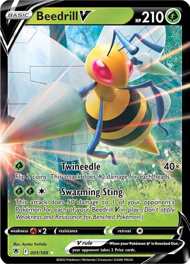 Beedrill V (001/189) [Sword & Shield: Astral Radiance] card featuring HP 210 and attacks Twineedle and Swarming Sting.