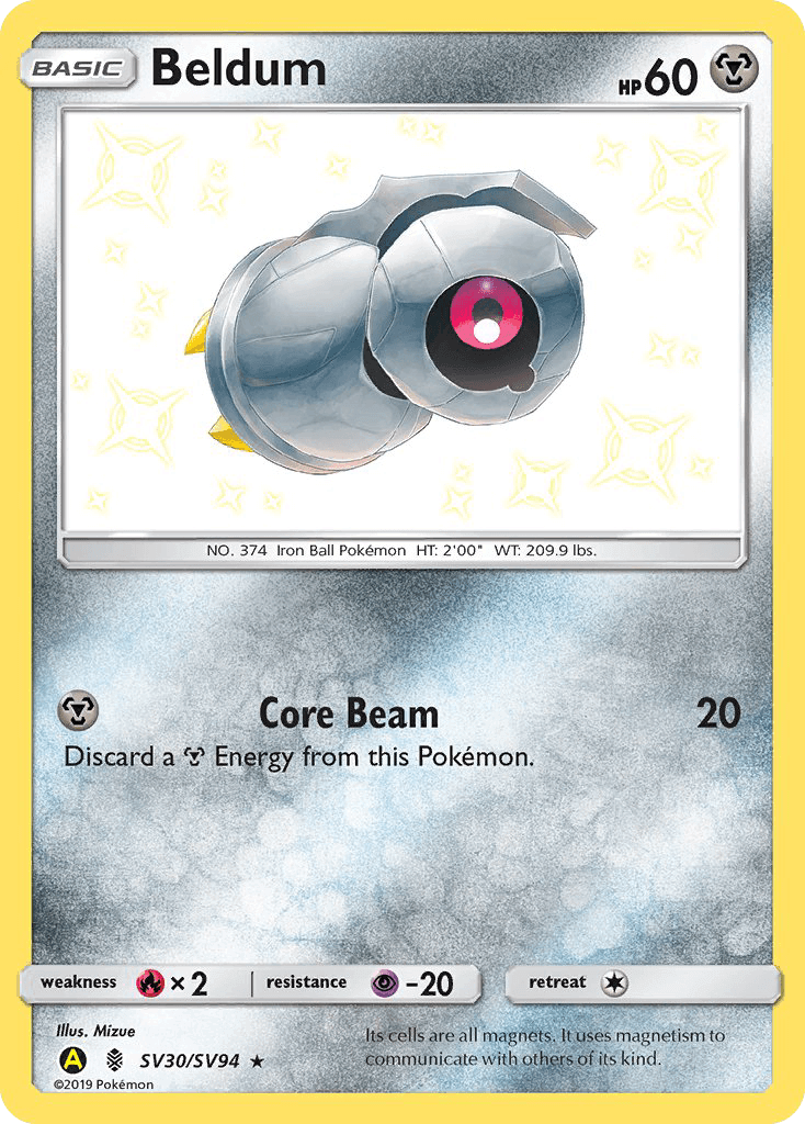 Beldum (SV30/SV94) [Sun & Moon: Hidden Fates - Shiny Vault] card featuring Core Beam attack and metal type.
