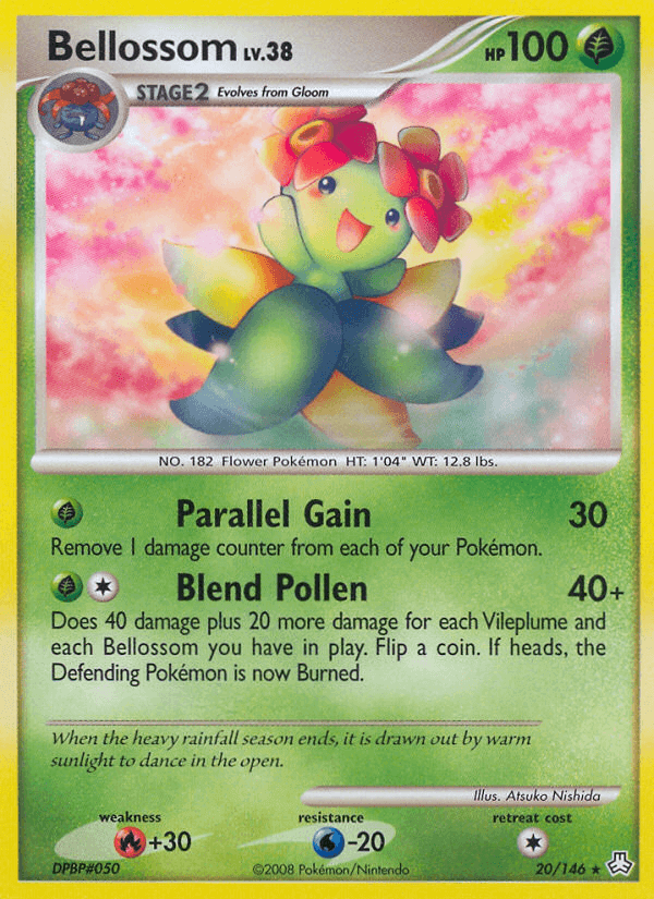 Bellossom (20/146) [Diamond & Pearl: Legends Awakened] trading card featuring Grass type with effects Parallel Gain and Blend Pollen.