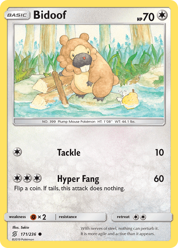 Bidoof (171/236) [Sun & Moon: Unified Minds] card featuring charming plump Pokémon by the water.