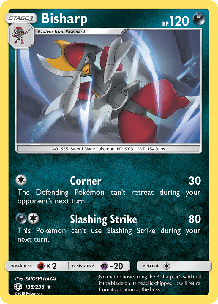 Bisharp (135/236) [Sun & Moon: Cosmic Eclipse] card showcasing moves and stats of the Darkness-type Pokémon.