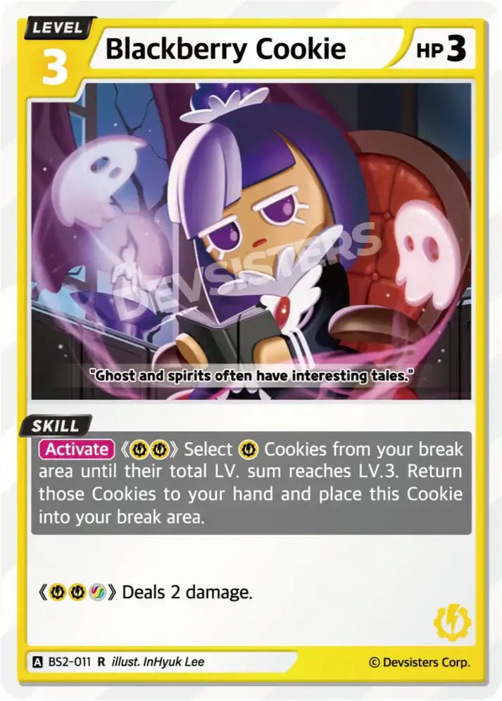 Blackberry Cookie (BS2-011) R – Elegant Ghostly Butler | Cookie Run TCG Rare Card illustration with skills and HP details.
