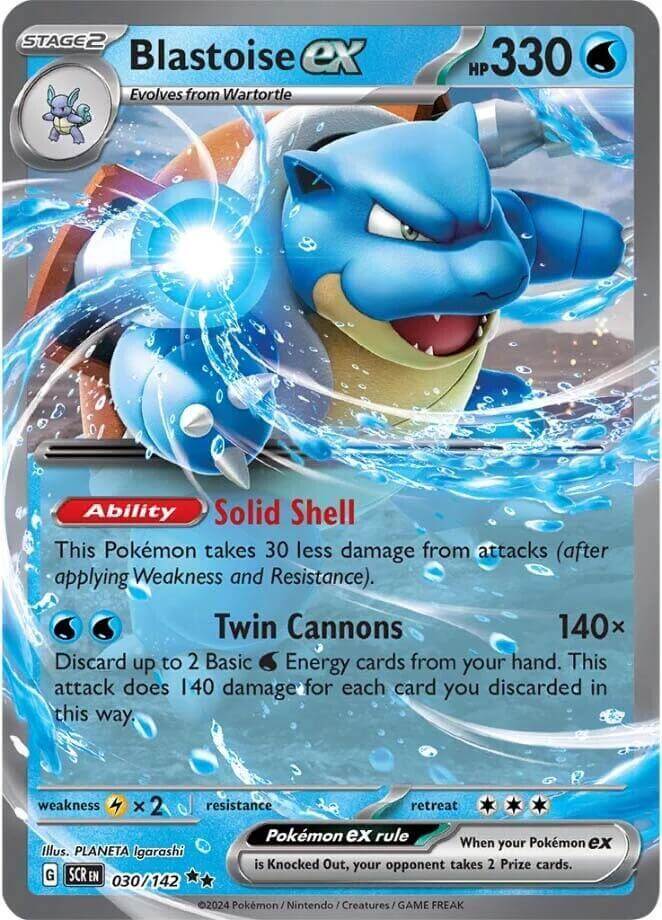 Blastoise ex (030/142) [Scarlet & Violet: Stellar Crown] featuring Solid Shell and Twin Cannons abilities.