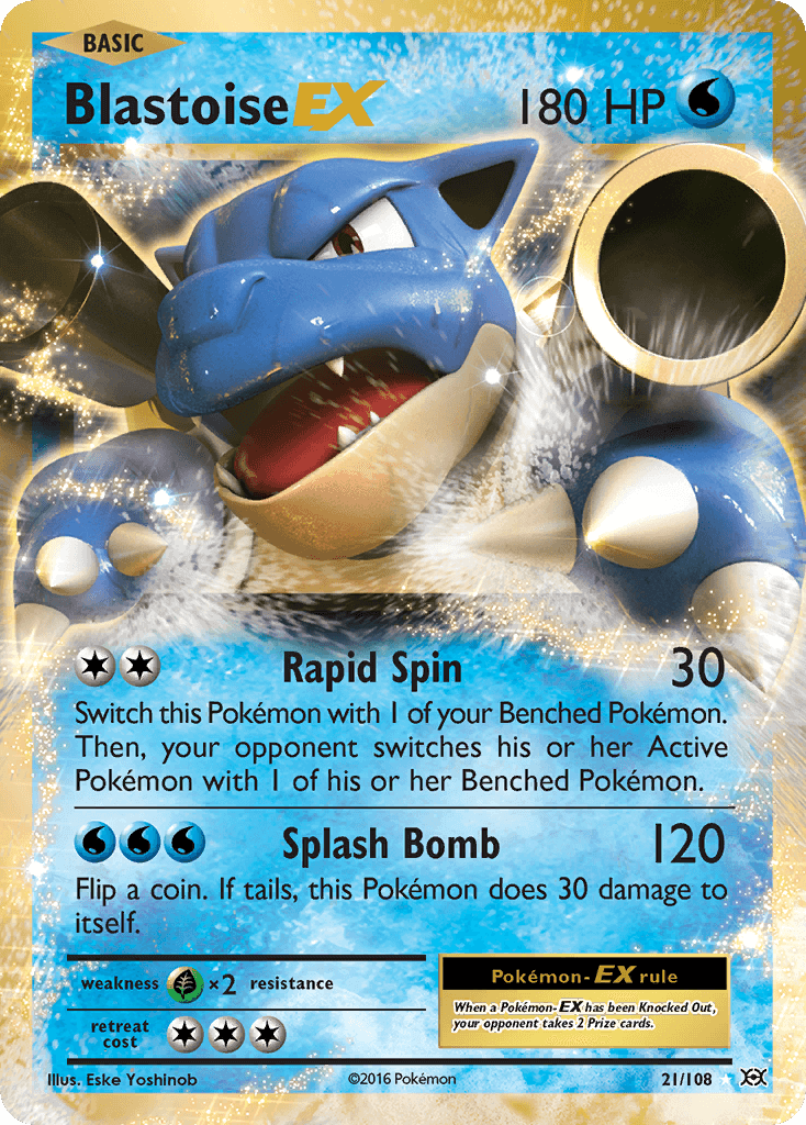 Blastoise EX (21/108) [XY: Evolutions] ultra rare Pokémon card featuring Rapid Spin and Splash Bomb moves.