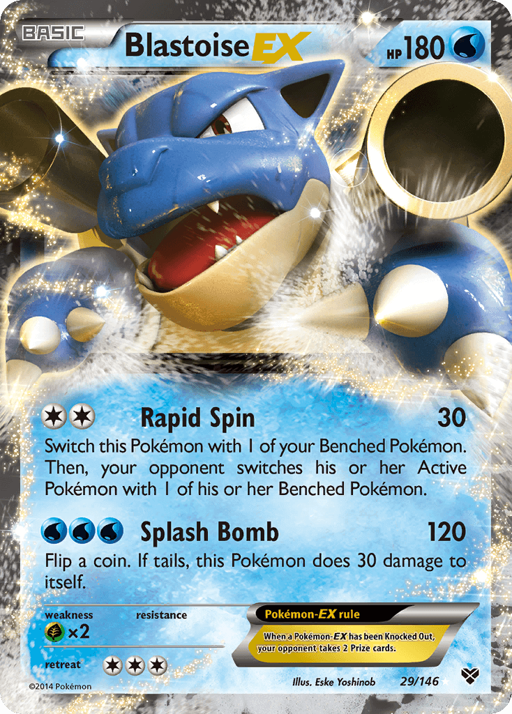 Blastoise EX (29/146) [XY: Base Set] card featuring Rapid Spin and Splash Bomb attacks, ultra rare water type Pokémon.