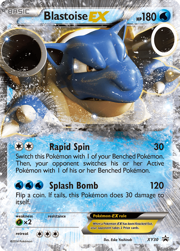 Blastoise EX (XY30) [XY: Black Star Promos] card featuring HP 180, Rapid Spin, and Splash Bomb abilities.