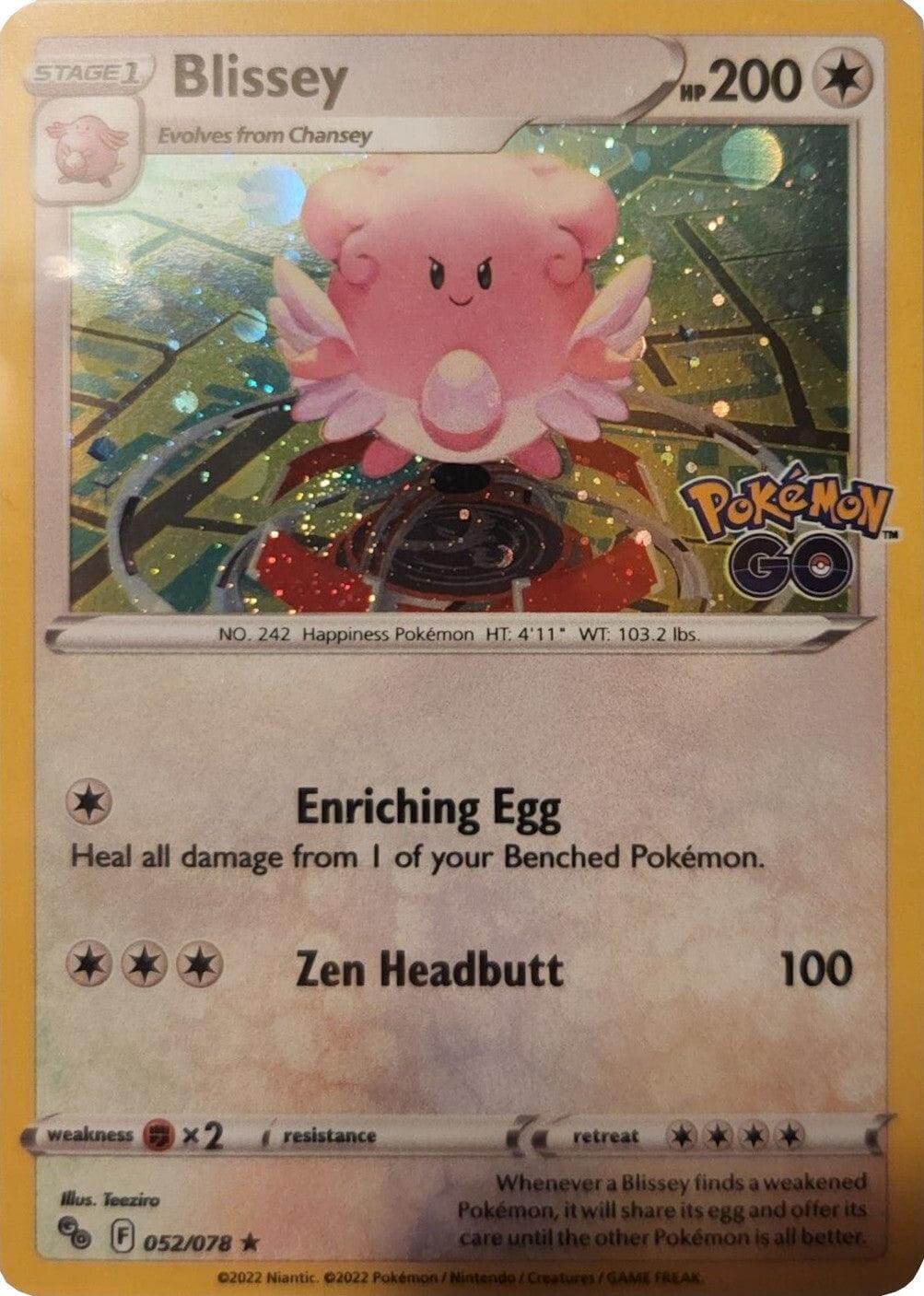 Blissey (052/078) (Cosmos Holo) [Pokémon GO] featuring the Enriching Egg ability and Zen Headbutt attack.