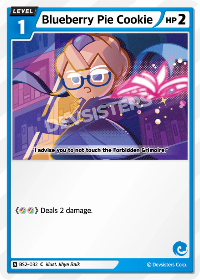 Blueberry Pie Cookie BS2-032 C | Common Card featuring a character warning about the Forbidden Grimoire.
