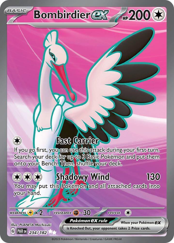 Bombirdier ex (234/182) [Scarlet & Violet: Paradox Rift] showcasing its abilities and stats.