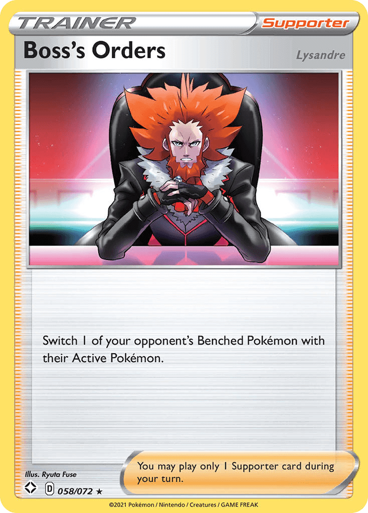 Boss's Orders (058/72) (Theme Deck Exclusive) [Sword & Shield: Shining Fates] Supporter card featuring Lysandre.
