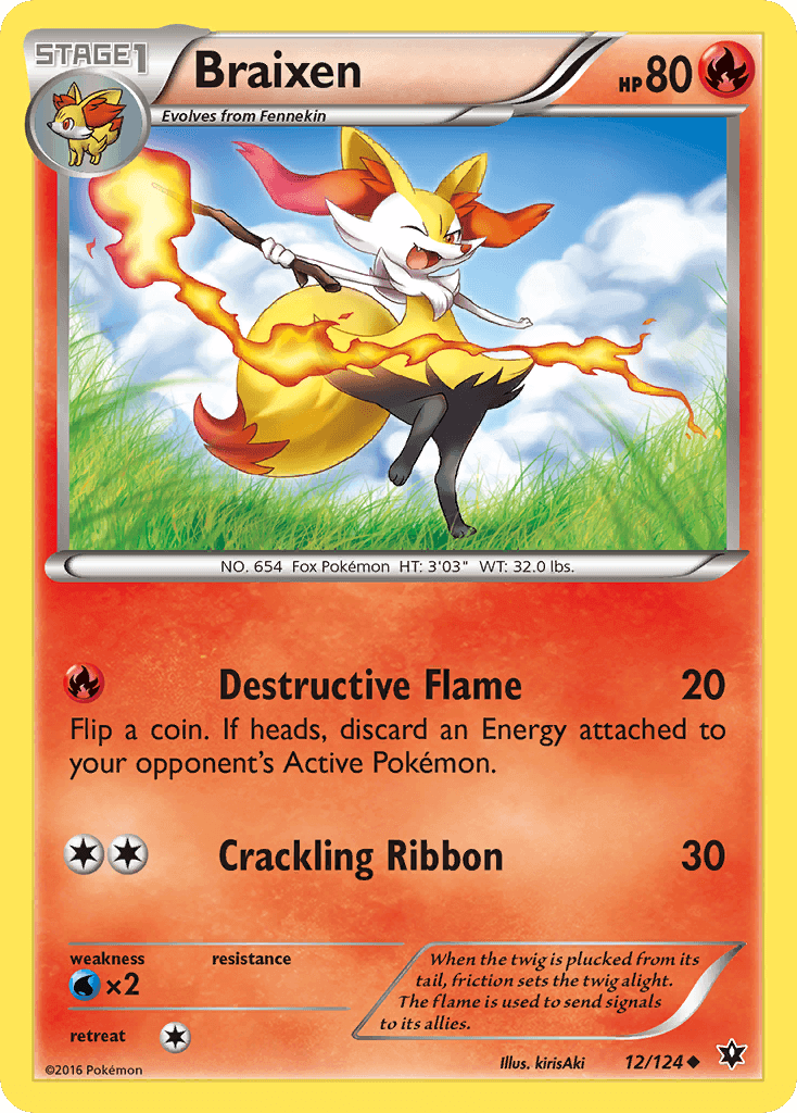 Braixen (12/124) [XY: Fates Collide] card featuring Destructive Flame and Crackling Ribbon attacks.