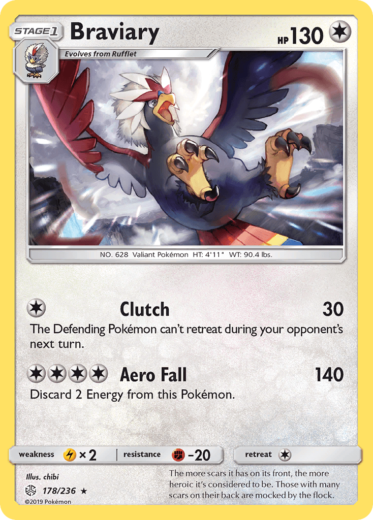 Braviary (178/236) [Sun & Moon: Cosmic Eclipse] card showcasing its abilities Clutch and Aero Fall.