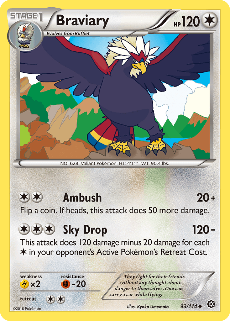 Braviary (93/114) [XY: Steam Siege] Pokémon card featuring Ambush and Sky Drop moves.