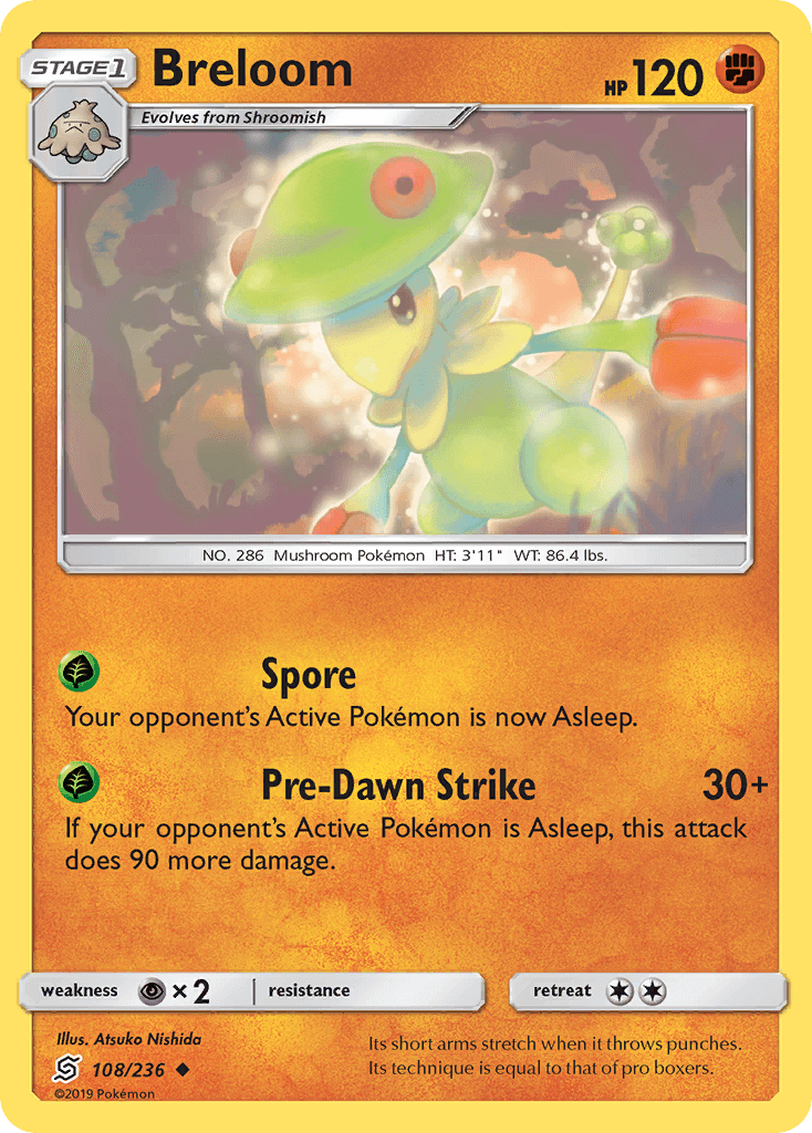 Breloom (108/236) [Sun & Moon: Unified Minds] card featuring HP 120 and abilities Spore and Pre-Dawn Strike.