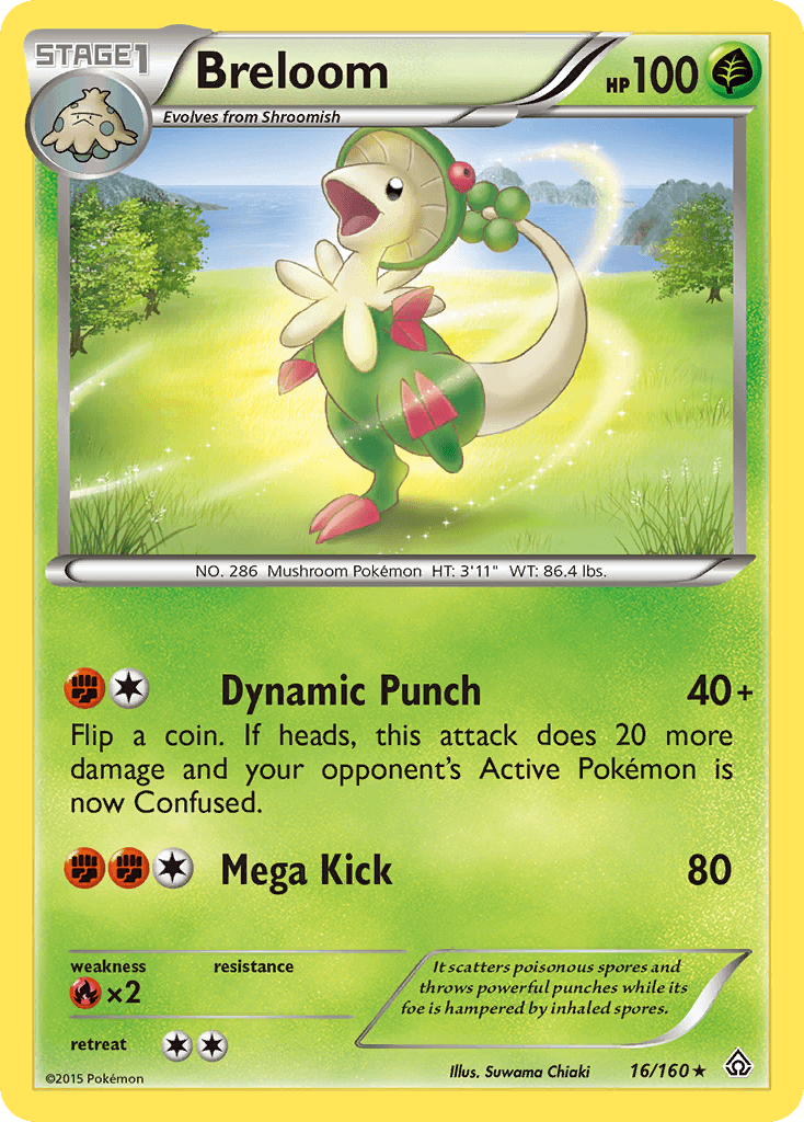Breloom (16/160) [XY: Primal Clash] card featuring its attacks Dynamic Punch and Mega Kick on a vibrant background.