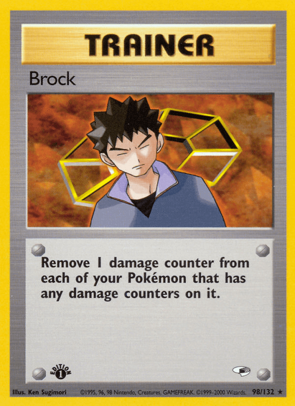 Brock (98/132) [Gym Heroes 1st Edition] card featuring Pokémon Trainer Brock with damage counter effect.