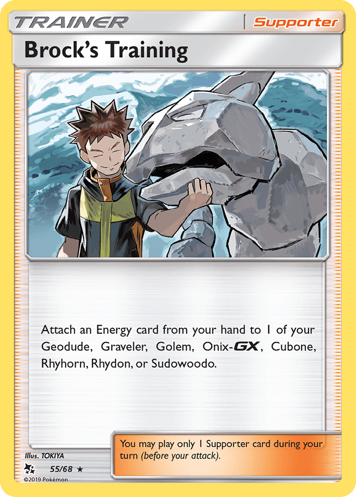 Brock's Training (55/68) [Sun & Moon: Hidden Fates] card featuring Brock and a Rock-type Pokemon.