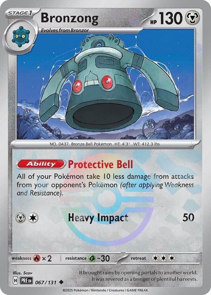 Bronzong (067/131) (Poke Ball Pattern) [Scarlet & Violet: Prismatic Evolutions] card featuring protective ability and stats.