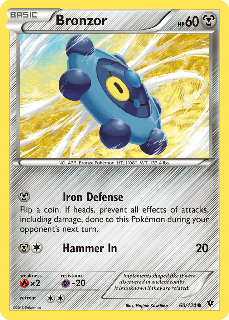 Bronzor (60/124) [XY: Fates Collide] card showcasing its abilities Iron Defense and Hammer In.