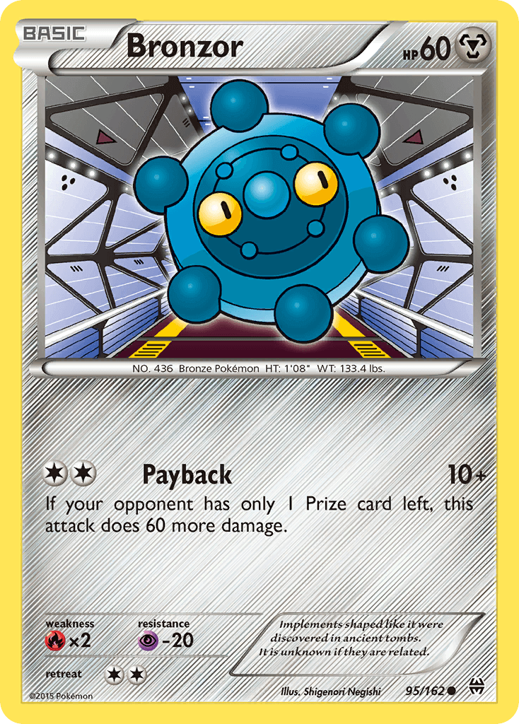 Bronzor (95/162) [XY: BREAKthrough] card featuring its attack and characteristics in a vibrant background.