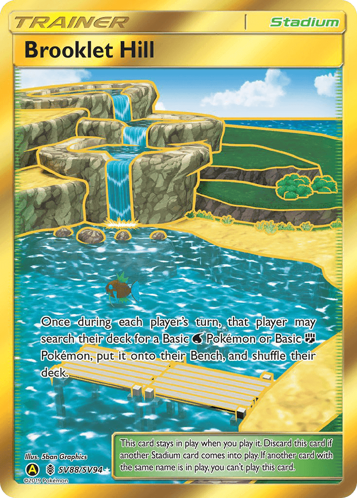 Brooklet Hill (SV88/SV94) [Sun & Moon: Hidden Fates - Shiny Vault] Stadium card illustration featuring a scenic water and hill landscape.