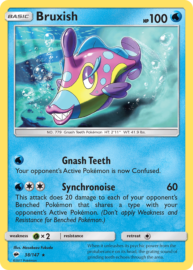 Bruxish (38/147) [Sun & Moon: Burning Shadows] card featuring its attacks and colorful design.