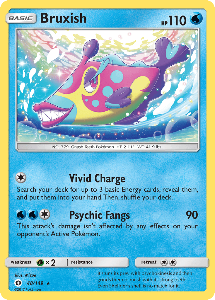 Bruxish (48/149) [Sun & Moon: Base Set] card displaying HP, attack moves, and vibrant aquatic design.