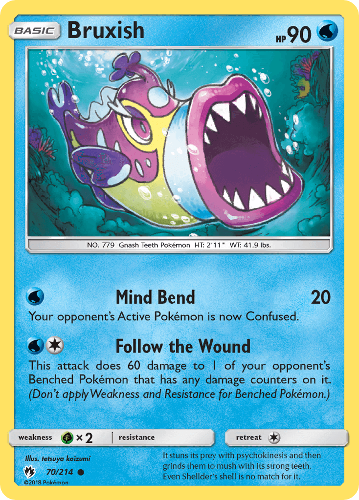 Bruxish (70/214) [Sun & Moon: Lost Thunder] featuring Mind Bend and Follow the Wound attacks.