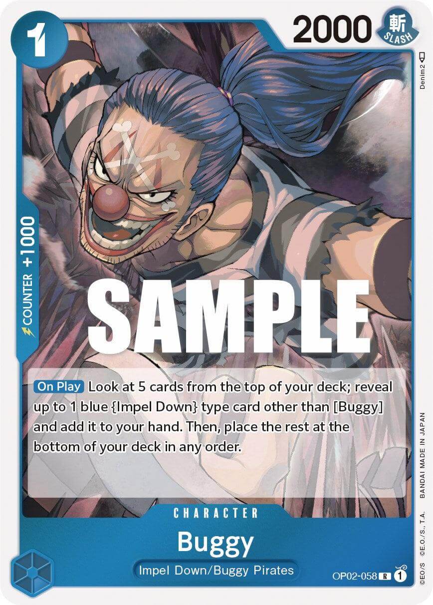 Buggy [Paramount War] card, character type with ability to reveal blue cards, released on 2023-03-10.