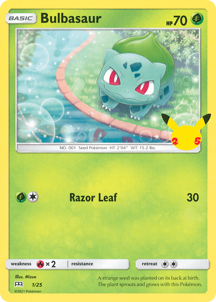 Bulbasaur (1/25) [McDonald's 25th Anniversary] Pokémon card featuring a cute Bulbasaur in a lush environment.