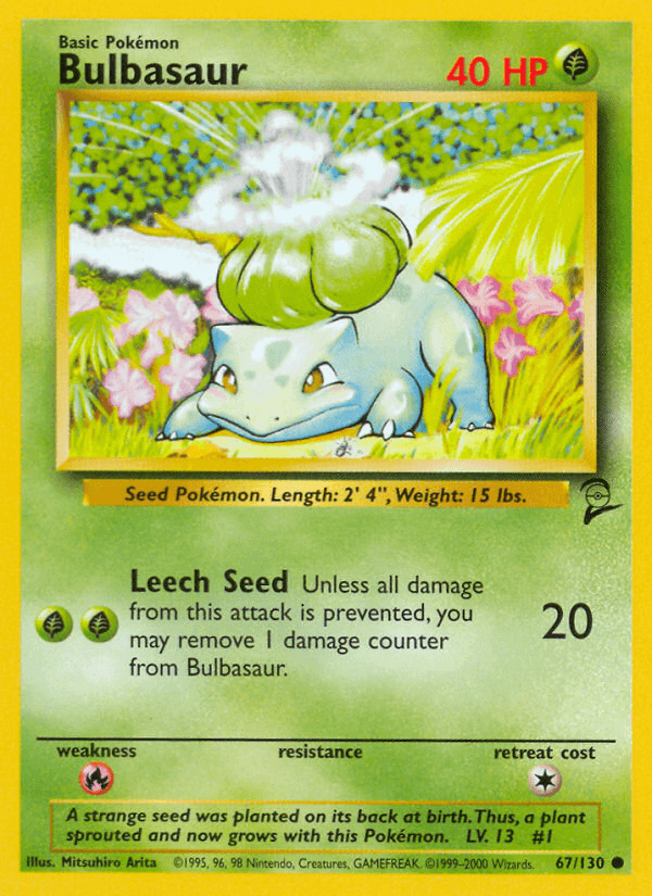 Bulbasaur (67/130) [Base Set 2] trading card featuring the Seed Pokémon with HP and attack details.