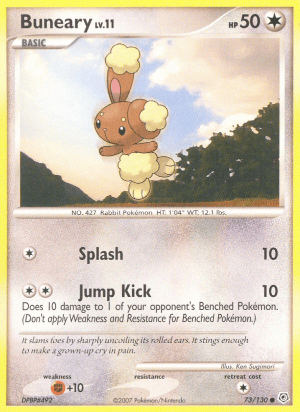 Buneary (73/130) [Diamond & Pearl: Base Set] card showing its moves Splash and Jump Kick with details of the card.