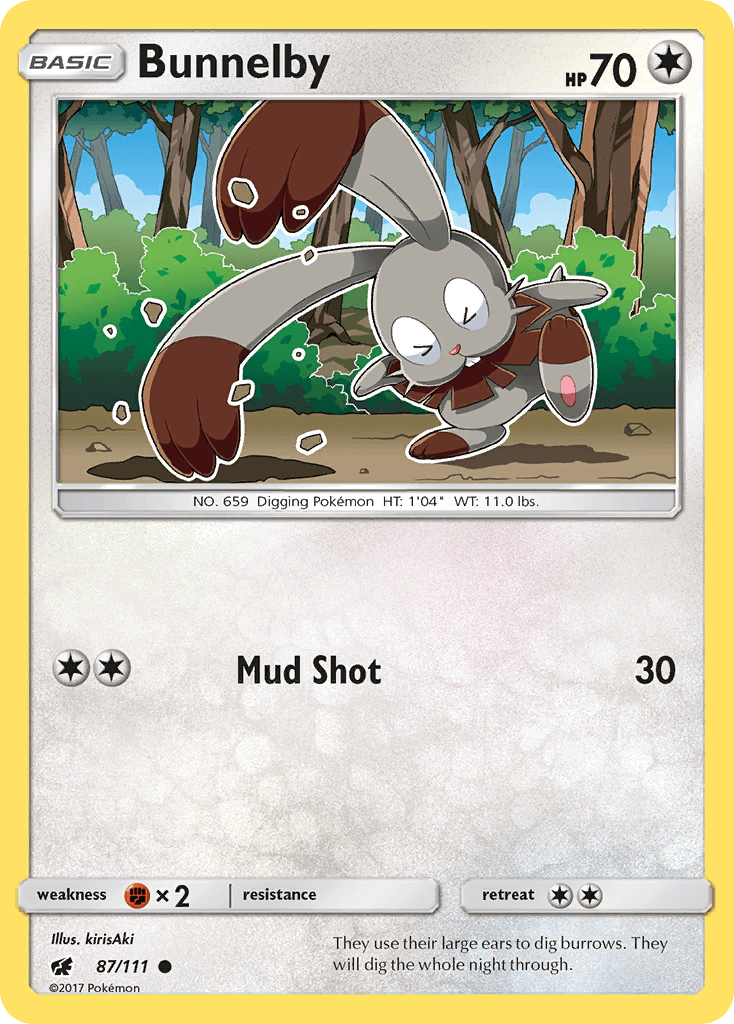 Bunnelby (87/111) [Sun & Moon: Crimson Invasion] card featuring the Digging Pokémon Bunnelby.