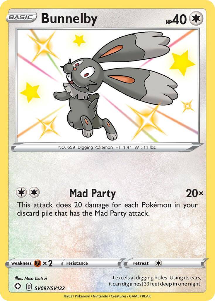 Bunnelby (SV097/SV122) [Sword & Shield: Shining Fates] ultra rare card with Mad Party attack.