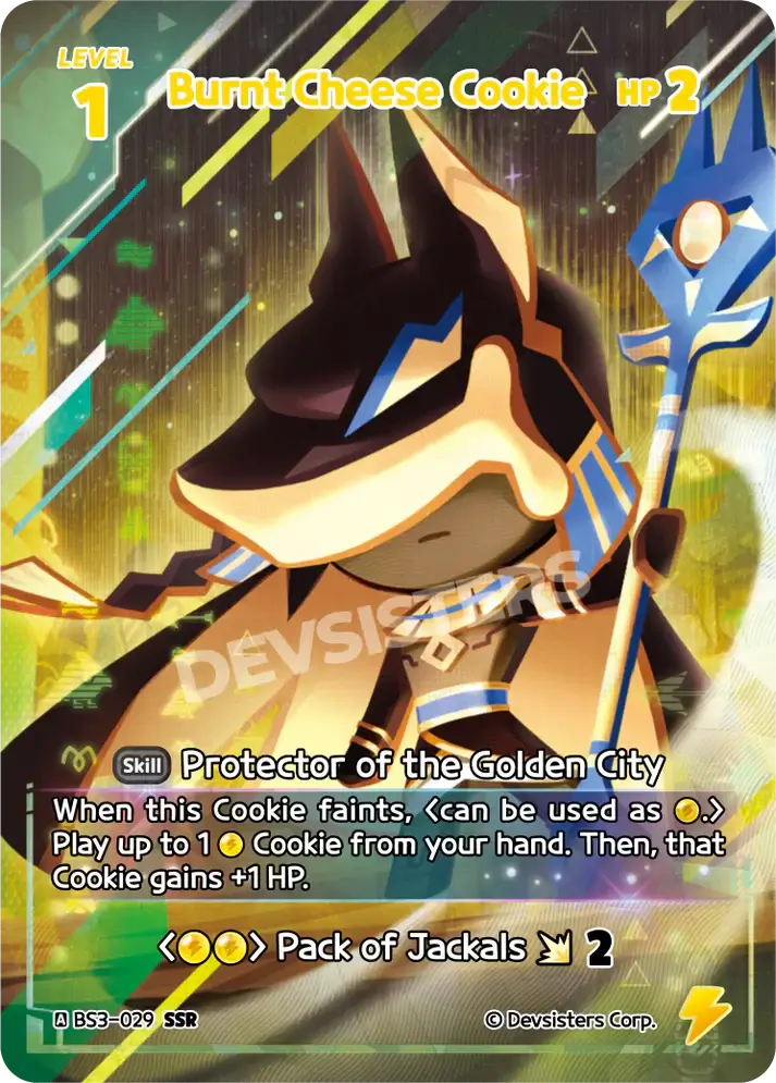 Burnt Cheese Cookie [BS3-029 SSR] card showcasing its HP and special skills.