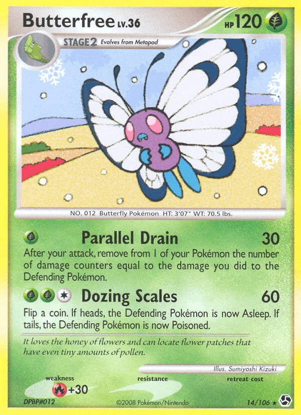 Butterfree (14/106) [Diamond & Pearl: Great Encounters] card featuring Grass type with abilities Parallel Drain and Dozing Scales.