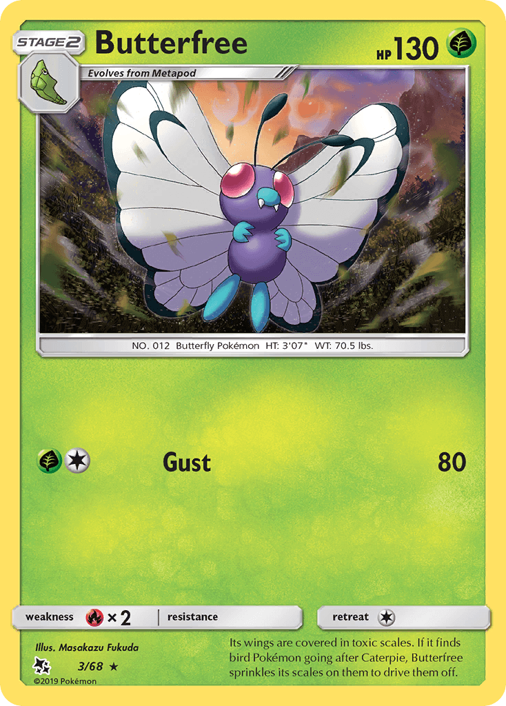 Butterfree (3/68) [Sun & Moon: Hidden Fates] card showing a Grass-type Pokémon with 130 HP and Gust attack.