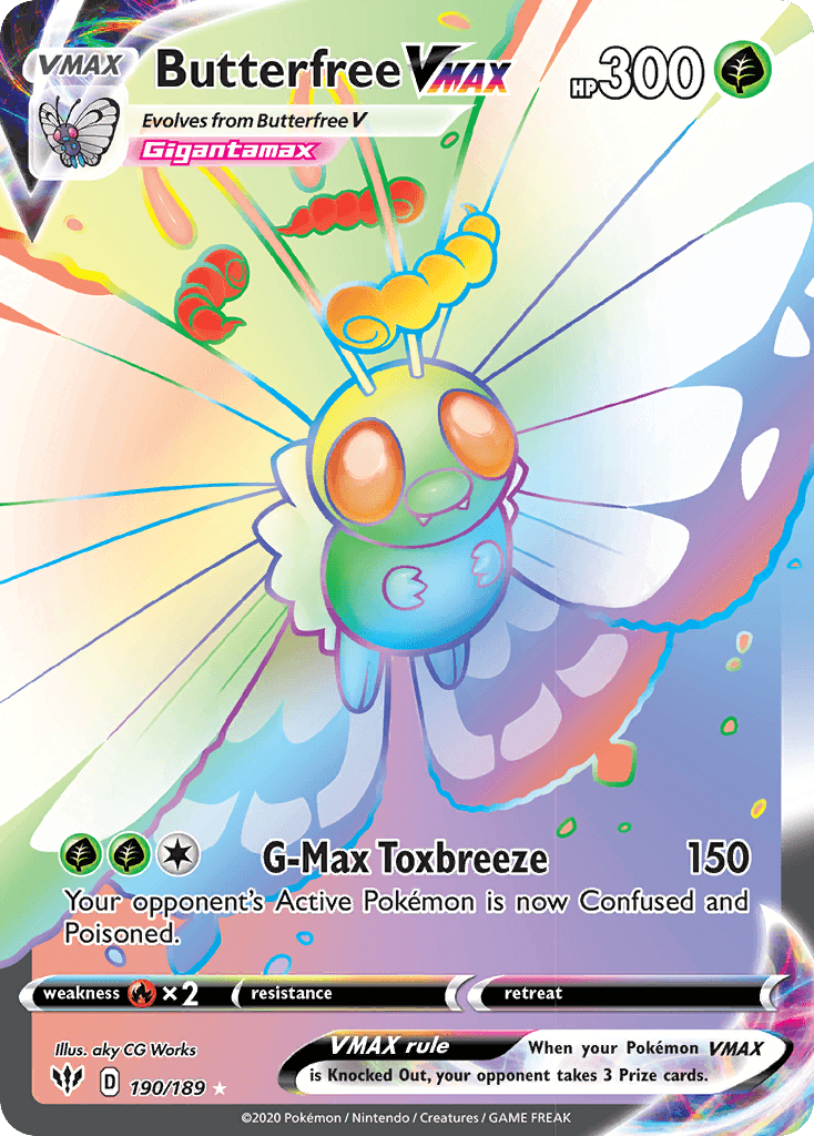 Butterfree VMAX (190/189) [Sword & Shield: Darkness Ablaze] card showcasing Gigantamax Butterfree with abilities.