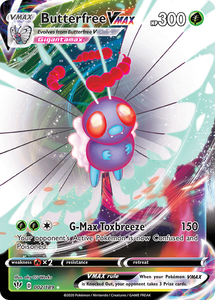 Butterfree VMAX (002/189) [Sword & Shield: Darkness Ablaze] card featuring Gigantamax Butterfree with HP 300.